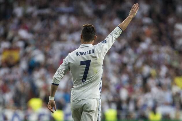 Cristiano Ronaldo of Real Madrid celebrates after scoring a goal during the match of Champions League between Real Madrid and Atletico de Madrid at Santiago Bernabeu Stadium in Madrid, Spain. May 02, 2017.  (20170502010)
