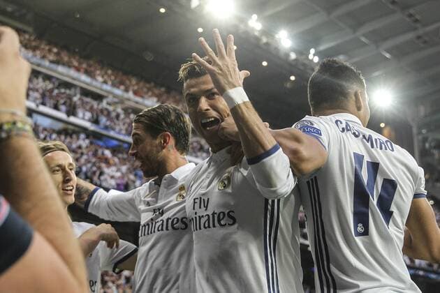 Cristiano Ronaldo of Real Madrid celebrates after scoring a goal during the match of Champions League between Real Madrid and Atletico de Madrid at Santiago Bernabeu Stadium in Madrid, Spain. May 02, 2017.  (20170502013)