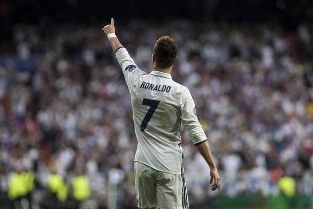 Cristiano Ronaldo of Real Madrid celebrates after scoring a goal during the match of Champions League between Real Madrid and Atletico de Madrid at Santiago Bernabeu Stadium in Madrid, Spain. May 02, 2017.  (20170502008)