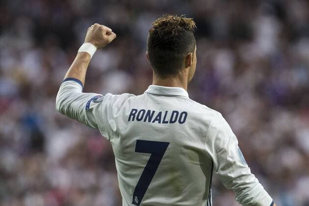 Cristiano Ronaldo of Real Madrid celebrates after scoring a goal during the match of Champions League between Real Madrid and Atletico de Madrid at Santiago Bernabeu Stadium in Madrid, Spain. May 02, 2017.  (20170502009)