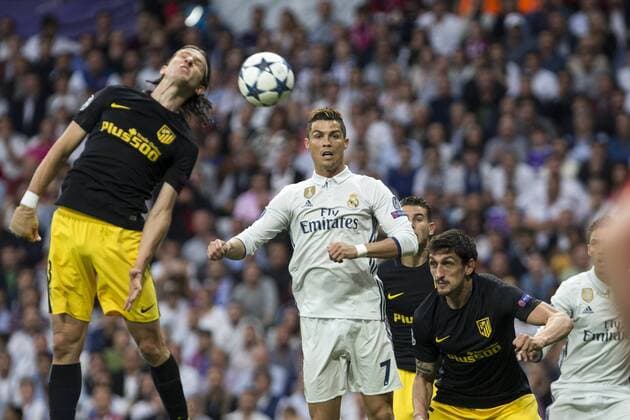 Cristiano Ronaldo of Real Madrid celebrates after scoring a goal during the match of Champions League between Real Madrid and Atletico de Madrid at Santiago Bernabeu Stadium in Madrid, Spain. May 02, 2017.  (20170502001)