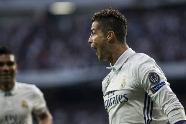 Cristiano Ronaldo of Real Madrid celebrates after scoring a goal during the match of Champions League between Real Madrid and Atletico de Madrid at Santiago Bernabeu Stadium in Madrid, Spain. May 02, 2017.  (20170502006)