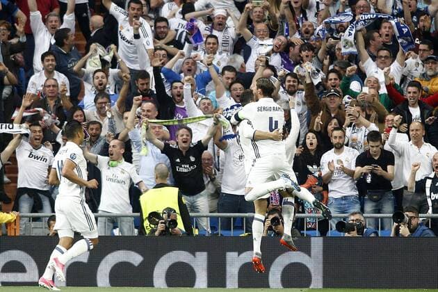 Real Madrid s Carlos Henrique Casemiro, Cristiano Ronaldo and Sergio Ramos celebrate goal during Champions League 2016 2017 Semi-finals 1st leg match. May 2,2017.  (2017050271)