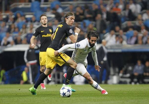 Soccer match between Real Madrid and Atletico de Madrid of first round of semifinals of the Champions League 2016 2017, held at the Santiago Bernabeu stadium, in Madrid, May 2, 2017. (Photo: J. Luis Cuesta 261 Cordon Press). Isco and Filipe Luis  xJosexLuisxCuestax xx
