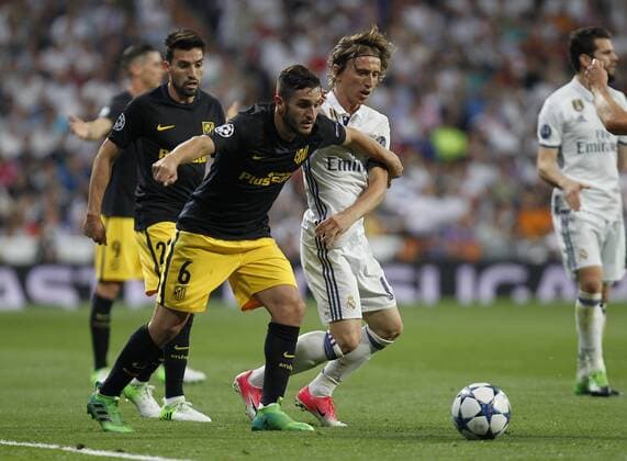 Soccer match between Real Madrid and Atletico de Madrid of first round of semifinals of the Champions League 2016 2017, held at the Santiago Bernabeu stadium, in Madrid, May 2, 2017. (Photo: J. Luis Cuesta 261 Cordon Press). Koke and Luca Modric  xJosexLuisxCuestax xx