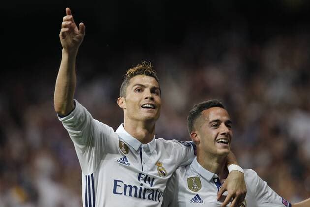 Soccer match between Real Madrid and Atletico de Madrid of first round of semifinals of the Champions League 2016 2017, held at the Santiago Bernabeu stadium, in Madrid, May 2, 2017. (Photo: J. Luis Cuesta 261 Cordon Press). Cristiano Ronaldo celebrates his third goal in the match with Lucas Vazquez.  xJosexLuisxCuestax xx