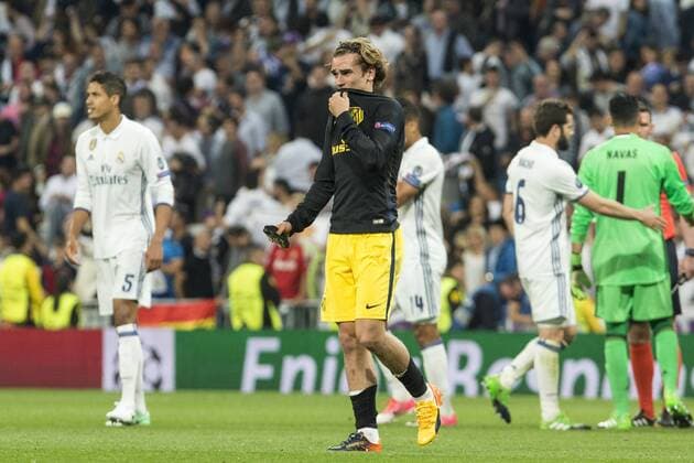 Antoine Griezmann of Atletico de Madrid reacts during the match of Champions League between Real Madrid and Atletico de Madrid at Santiago Bernabeu Stadium in Madrid, Spain. May 02, 2017.  (20170502105)