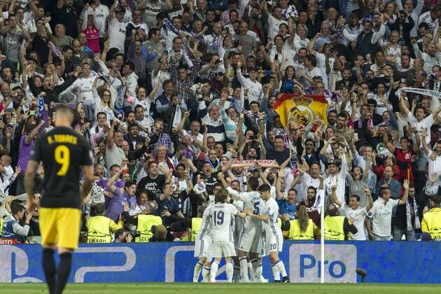 Cristiano Ronaldo of Real Madrid celebrates after scoring a goal during the match of Champions League between Real Madrid and Atletico de Madrid at Santiago Bernabeu Stadium in Madrid, Spain. May 02, 2017.  (20170502079)