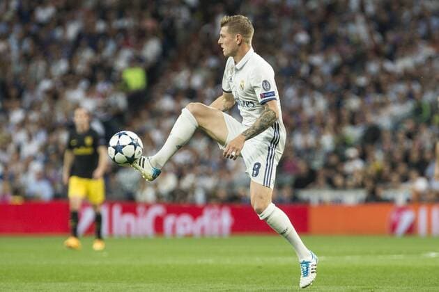 Toni Kroos of Real Madrid during the match of Champions League between Real Madrid and Atletico de Madrid at Santiago Bernabeu Stadium in Madrid, Spain. May 02, 2017.  (20170502071)