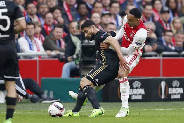 (L-R) Nabil Fekir of Olympique Lyonnais, Kenny Tete of Ajaxduring the UEFA Europa League semi final match between Ajax Amsterdam and Olympique Lyonnais at the Amsterdam Arena on May 03, 2017 in Amsterdam, The Netherlands Ajax v Olympique Lyon UEFA Europa League 2016 2017 xVIxxIVx 7717263