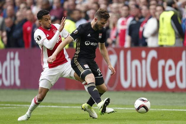 (L-R) Jairo Riedewald of Ajax, Lucas Tousart of Olympique Lyonnaisduring the UEFA Europa League semi final match between Ajax Amsterdam and Olympique Lyonnais at the Amsterdam Arena on May 03, 2017 in Amsterdam, The Netherlands Ajax v Olympique Lyon UEFA Europa League 2016 2017 xVIxxIVx 7717377