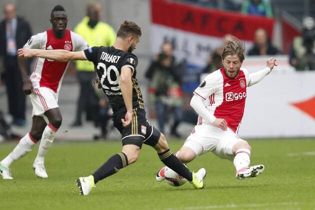 (L-R) Davinson Sanchez of Ajax, Lucas Tousart of Olympique Lyonnais, Lasse Schone of Ajaxduring the UEFA Europa League semi final match between Ajax Amsterdam and Olympique Lyonnais at the Amsterdam Arena on May 03, 2017 in Amsterdam, The Netherlands Ajax v Olympique Lyon UEFA Europa League 2016 2017 xVIxxIVx 7717378