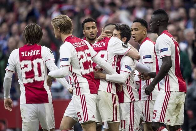 03.05.2017, Amsterdam Arena, Amsterdam, NED, UEFA EL, Ajax Amsterdam vs Olympique Lyon, Halbfinale, Hinspiel, im Bild Amin Younes of Ajax Amsterdam (M) has scored 3-0 Amin Younes of Ajax Amsterdam (M) has scored 3-0 during the UEFA Europa League semi final, 1st leg match between Ajax Amsterdam and Olympique Lyon at the Amsterdam Arena in Amsterdam, Netherlands on 2017 05 03. Amsterdam EP_fil