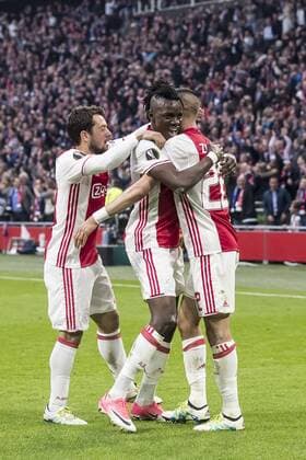 03.05.2017, Amsterdam Arena, Amsterdam, NED, UEFA EL, Ajax Amsterdam vs Olympique Lyon, Halbfinale, Hinspiel, im Bild Bertrand Traore of Ajax Amsterdam (M) has scored 4-1, Amin Younes of Ajax Amsterdam (L), Hakim Ziyech of Ajax Amsterdam (R) Bertrand Traore of Ajax Amsterdam (M) has scored 4-1, Amin Younes of Ajax Amsterdam (L), Hakim Ziyech of Ajax Amsterdam (R) during the UEFA Europa League semi final, 1st leg match between Ajax Amsterdam and Olympique Lyon at the Amsterdam Arena in Amsterdam, Netherlands on 2017 05 03. Amsterdam EP_fil