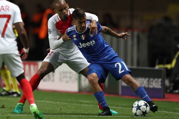 May 3, 2017 - Monaco, Monaco - Juventus forward Paulo Dybala (21) fights for the ball against Monaco defender Fabinho (2) during the Uefa Champions League semi finals football match MONACO - JUVENTUS on 03 05 2017 at the Stade Louis II in Monaco, Monaco. AS Monaco v Juventus - UEFA Champions League Semi Final: First Leg  - ZUMAn230 20170503_zaa_n230_257 Copyright: xMatteoxBottanellix