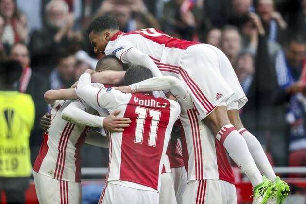 (L-R) Hakim Ziyech of Ajax, Kasper Dolberg of Ajax, Amin Younes of Ajax, Jairo Riedewald of Ajax,during the UEFA Europa League semi final match between Ajax Amsterdam and Olympique Lyonnais at the Amsterdam Arena on May 03, 2017 in Amsterdam, The Netherlands Ajax v Olympique Lyon UEFA Europa League 2016 2017 xVIxxIVx 7718787