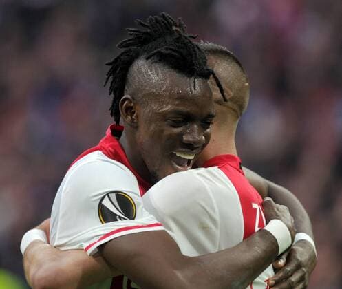 May 3rd 2017, Amsterdam Arena, Amsterdam, Netherlands; Europa League Cup semi-final, Ajax vs Lyon, Game 1; Celebrations for the goal from Bertrand Traor& xe9; in the 25th minute xLaurentxLairysx  ActionPlus11874987