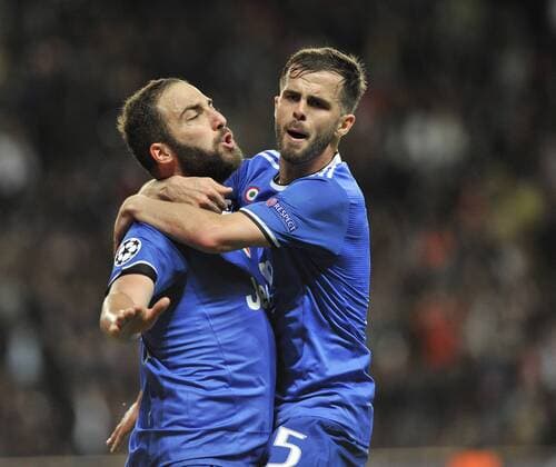 03.05.2017, Louis II, Monte Carlo, MCO, UEFA CL, AS Monaco vs Juventus Turin, Halbfinale, Hinspiel, im Bild Gonzalo Higuain (left) of Juventus celebrates scoring their second goal with team mate Miralem Pjanic Gonzalo Higuain (left) of Juventus celebrates scoring their second goal with team mate Miralem Pjanic during the UEFA Champions League semi final,1st leg match between AS Monaco and Juventus Turin at the Louis II in Monte Carlo, Monaco on 2017 05 03. Monte Carlo EP_fil