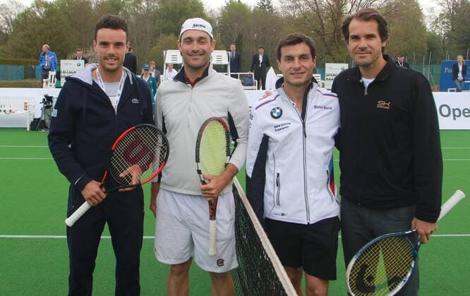 Showspiel Golf und Tennis. Teilnehmer v.l.: Tennisspieler Roberto Bautista Agut, Golfer Florian Fritsch, DTM-Fahrer Bruno Spengler, Tommy Haas Tennis BMW Open 2017 München 04.05.2017