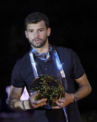 Bulgarian tennis player Grigor Dimitrov poses with the trophy of the Mutua Charity Tie Break Tens against gender violence at the Magic Box in Madrid, Spain, 04 May 2017. MUTUA CHARITY TIE BREAK TENS !ACHTUNG: NUR REDAKTIONELLE NUTZUNG!  Copyright: xJuanJoxMartínx MAD001 20170505-636295396287004059
