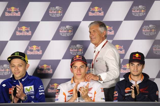 May 4, 2017 - Jerez De La Frontera, Cadiz, Spain - Jerez de la frontera, SPAIN - 4th of May, 2017: Gran Premio Red Bull of Spain. press conference PK Pressekonferenz .In the picture: 26 DANI PEDROSA (SPANISH) REPSOL HONDA TEAM HONDA. 93 MARC MARQUEZ (SPANISH) REPSOL HONDA TEAM HONDA. 46 VALENTINO ROSSI (ITALIAN) MOVISTAR YAMAHA MotoGP YAMAHA. Giacomo Agostini Gran Premio Red Bull of Spain  - ZUMAn230 20170504_zaa_n230_209 Copyright: xJosexBretonx