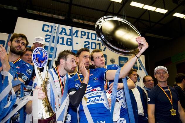 Roeselare s players celebrate after winning after winning the Belgian volleyball competition, Friday 05 May 2017 in Roeselare. Knack Roeselare defeated Noliko Maaseik in the 4th match in a best-of-5 in the Play Offs of the Belgian volleyball competition. JASPERxJACOBS  x05092638x