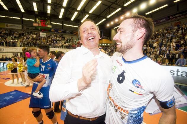Roeselare s head coach Emile Rousseaux and Roeselare s Stijn Dejonckheere celebrate after winning after winning the Belgian volleyball competition, Friday 05 May 2017 in Roeselare. Knack Roeselare defeated Noliko Maaseik in the 4th match in a best-of-5 in the Play Offs of the Belgian volleyball competition. JASPERxJACOBS  x05092657x