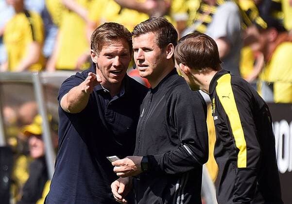 06.05.2017, xhbx, Fussball 1.Bundesliga, Borussia Dortmund - TSG 1899 Hoffenheim, emspor, v.l. Trainer Julian Nagelsmann (TSG 1899 Hoffenheim), Frank Willenborg (Schiedsrichter DFB), Trainer Thomas Tuchel (Borussia Dortmund) Dortmund