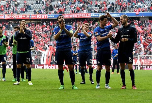 Bilder des Tages - SPORT 06.05.2017, xfux, Fussball 1.Bundesliga, FC Bayern Muenchen - SV Darmstadt 98, emspor, emonline, v.l. Immanuel Hoehn (SV Darmstadt 98), Aytac Sulu (SV Darmstadt 98), Sven Schipplock (SV Darmstadt 98), Sandro Sirigu (SV Darmstadt 98), Mario Vrancic (SV Darmstadt 98) enttaeuscht, enttaeuscht schauend, dissapointed Muenchen