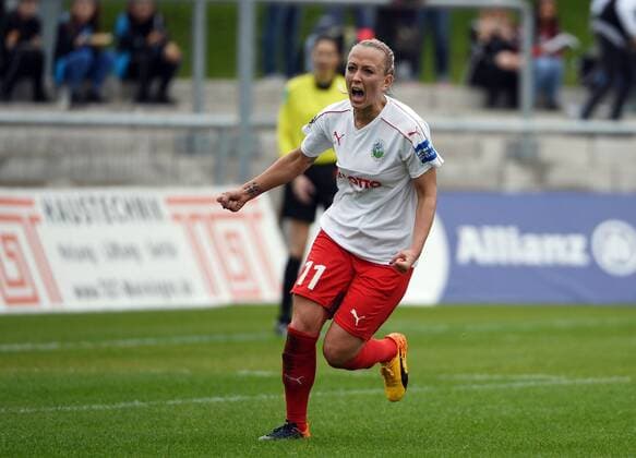 07.05.2017, xjhx, Fussball 1.Bundesliga Frauen, 1.FFC Frankfurt - FC Bayern Muenchen, emspor v.l. Mandy Islacker (1.FFC Frankfurt) celebrate the goal, Torjubel zum 1:0 Frankfurt am Main