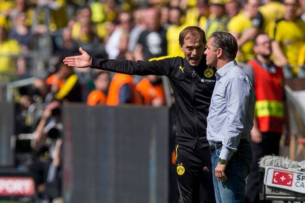 Dortmund, Germany 06.05.2017, 1. Bundesliga 32. Spieltag, BV Borussia Dortmund - TSG 1899 Hoffenheim, Trainer Thomas Tuchel (BVB) schreit Sportdirektor Michael Zorc (BVB) an ( DeFodi001