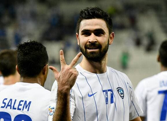 (170509) -- DOHA, May 9, 2017 -- Omar Khrbin of Al-Hilal celebrates scoring during the AFC Asian Champions League Group D match between Qatar s AL Rayyan and Saudi Arabia s Al Hilal at Jassim Bin Hamad Stadium in Doha, capital of Qatar, May 8, 2017. Al-Hilal won 4-3. ) (SP)QATAR-DOHA-SOCCER-AFC-CHAMPIONS LEAGUE-MD6-GOURP D Nikku 