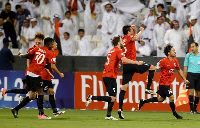 (170509) -- DOHA, May 9, 2017 -- Rodrigo Tabata (1st R) of AL Rayyan celebrates scoring with teammates during the AFC Asian Champions League Group D match between Qatar s AL Rayyan and Saudi Arabia s Al Hilal at Jassim Bin Hamad Stadium in Doha, capital of Qatar, May 8, 2017. Al-Hilal won 4-3. ) (SP)QATAR-DOHA-SOCCER-AFC-CHAMPIONS LEAGUE-MD6-GOURP D Nikku 