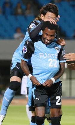 Kawasaki Frontale vs Eastern SC in Asian Champions League Striker Rhayner Santos Nascimento (front) of Japan s Kawasaki Frontale is congratulated by a teammate after heading the opening goal during the first half of an Asian Champions League Group G match against Hong Kong s Eastern SC in Kawasaki, south of Tokyo, on May 9, 2017. 