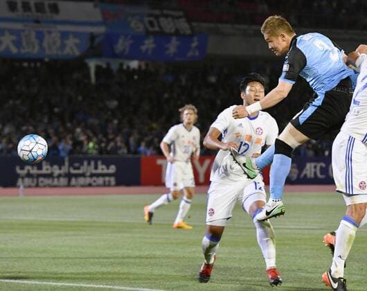Kawasaki Frontale vs Eastern SC in Asian Champions League Defender Tatsuki Nara (R) of Japan s Kawasaki Frontale scores a goal during the second half of an Asian Champions League Group G match against Hong Kong s Eastern SC in Kawasaki, south of Tokyo, on May 9, 2017. 