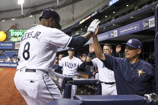 May 9, 2017 - St. Petersburg, Florida, U.S. - WILL VRAGOVIC Times.Tampa Bay Rays first baseman Rickie Weeks (8) high fives manager Kevin Cash (16) after scoring on the single by shortstop Tim Beckham (1) in the first inningof the game between the Kansas City Royals and the Tampa Bay Rays at Tropicana Field in St. Petersburg, Fla. on Tuesday, May 9, 2017. Florida News - May 9, 2017 - ZUMAs70_ 20170509_zan_s70_029 Copyright: xWillxVragovicx