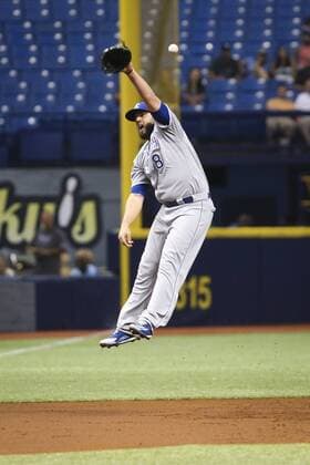 May 9, 2017 - St. Petersburg, Florida, U.S. - WILL VRAGOVIC Times.Kansas City Royals third baseman Mike Moustakas (8) can t get to the double by Tampa Bay Rays first baseman Rickie Weeks (8) in the first inning of the game between the Kansas City Royals and the Tampa Bay Rays at Tropicana Field in St. Petersburg, Fla. on Tuesday, May 9, 2017. Florida News - May 9, 2017 - ZUMAs70_ 20170509_zan_s70_037 Copyright: xWillxVragovicx