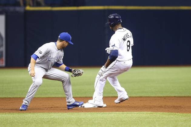 May 9, 2017 - St. Petersburg, Florida, U.S. - WILL VRAGOVIC Times.Tampa Bay Rays first baseman Rickie Weeks (8) doubles in the first inning of the game between the Kansas City Royals and the Tampa Bay Rays at Tropicana Field in St. Petersburg, Fla. on Tuesday, May 9, 2017. Florida News - May 9, 2017 - ZUMAs70_ 20170509_zan_s70_038 Copyright: xWillxVragovicx