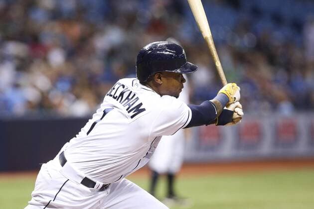May 9, 2017 - St. Petersburg, Florida, U.S. - WILL VRAGOVIC Times.Tampa Bay Rays shortstop Tim Beckham (1) connects for an RBI single, scoring first baseman Rickie Weeks (8), in the first inning of the game between the Kansas City Royals and the Tampa Bay Rays at Tropicana Field in St. Petersburg, Fla. on Tuesday, May 9, 2017. Florida News - May 9, 2017 - ZUMAs70_ 20170509_zan_s70_039 Copyright: xWillxVragovicx