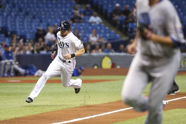 May 9, 2017 - St. Petersburg, Florida, U.S. - WILL VRAGOVIC Times.Tampa Bay Rays center fielder Colby Rasmus (28) rounds third to score on the single by Tampa Bay Rays center fielder Kevin Kiermaier (39) in the first inning of the game between the Kansas City Royals and the Tampa Bay Rays at Tropicana Field in St. Petersburg, Fla. on Tuesday, May 9, 2017. Florida News - May 9, 2017 - ZUMAs70_ 20170509_zan_s70_041 Copyright: xWillxVragovicx