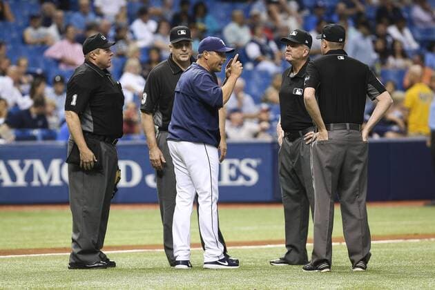 May 9, 2017 - St. Petersburg, Florida, U.S. - WILL VRAGOVIC Times.Tampa Bay Rays manager Kevin Cash (16) draws an ejection for arguing with umpire Tim Welke (3) in the third inning of the game between the Kansas City Royals and the Tampa Bay Rays at Tropicana Field in St. Petersburg, Fla. on Tuesday, May 9, 2017. Florida News - May 9, 2017 - ZUMAs70_ 20170509_zan_s70_044 Copyright: xWillxVragovicx