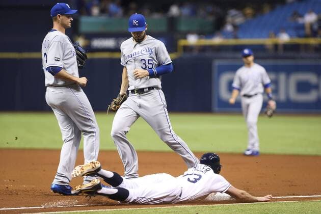 May 9, 2017 - St. Petersburg, Florida, U.S. - WILL VRAGOVIC Times.Tampa Bay Rays second baseman Brad Miller (13) dives for the bag on his grounder to first in the first inning of the game between the Kansas City Royals and the Tampa Bay Rays at Tropicana Field in St. Petersburg, Fla. on Tuesday, May 9, 2017. Florida News - May 9, 2017 - ZUMAs70_ 20170509_zan_s70_035 Copyright: xWillxVragovicx