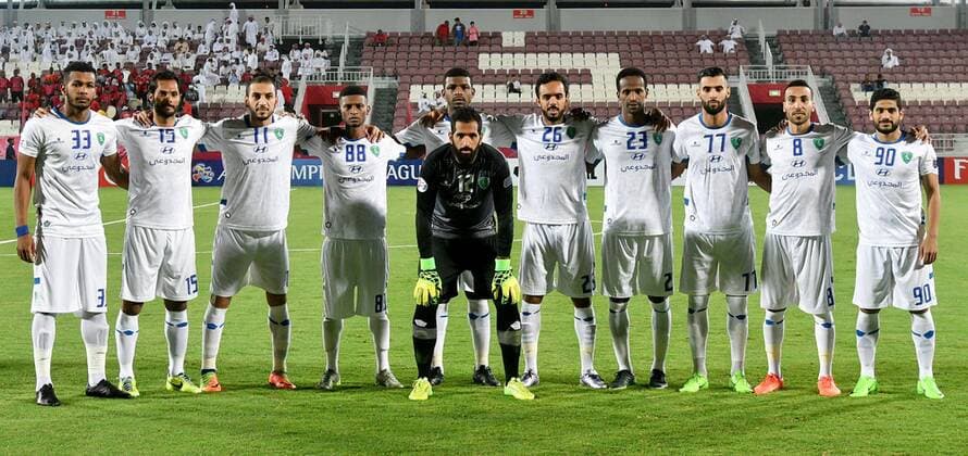 (170510) -- DOHA, May 10, 2017 -- Players of Al Fateh FC line up ahead of the AFC Asian Champions League Group B match between Qatar s Lekhwiya SC and Saudi Arabia s Al Fateh FC at the Abdullah Bin Khalifa Stadium in Doha, capital of Qatar, on May 9, 2017. Lekhwiya won 4-1. ) (SP)QATAR-DOHA-SOCCER-AFC-CHAMPIONS LEAGUE-GOURP B-LEKHWIYA SC VS AL FATEH FC Nikku 