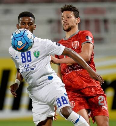 (170510) -- DOHA, May 10, 2017 -- Youssef Msakni(R) of Lekhwiya vies with Majed Hussain Hazazi of Al Fateh during the AFC Asian Champions League Group B match between Qatar s Lekhwiya SC and Saudi Arabia s Al Fateh FC at the Abdullah Bin Khalifa Stadium in Doha, capital of Qatar, on May 9, 2017. Lekhwiya won 4-1. ) (SP)QATAR-DOHA-SOCCER-AFC-CHAMPIONS LEAGUE-GOURP B-LEKHWIYA SC VS AL FATEH FC Nikku 