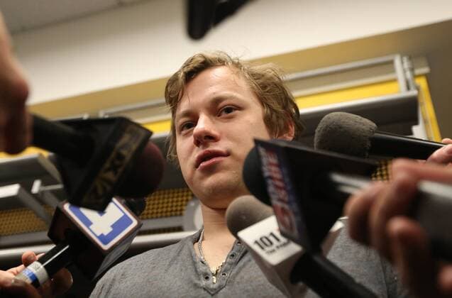 St. Louis Blues Vladimir Tarasenko of Russia talks with reporters in the team locker room at the Scottrade Center in St. Louis on May 9, 2017. The Blues were eliminated from Stanley Cup Playoffs after being defeated by the Nashville Predators, four games to two, in the second round.  SLP2017050903 BILLxGREENBLATT