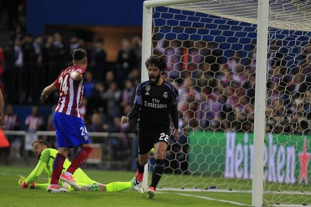 Soccer match between Atletico de Madrid and Real Madrid of second round of semifinals of Champions League 2016 2017, held at the Vicente Calderon stadium, in Madrid, May 10, 2017. (Photo: J. Luis Cuesta 261 Cordon Press). Isco celebrates after scoring  xJosexLuisxCuestax xx