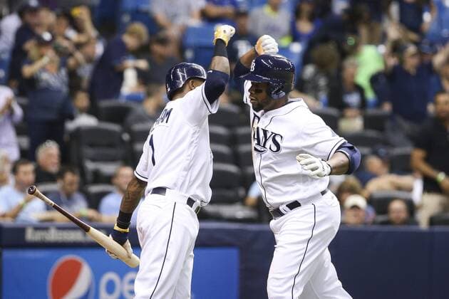 May 10, 2017 - St. Petersburg, Florida, U.S. - WILL VRAGOVIC Times.Tampa Bay Rays shortstop Tim Beckham (1) high fives first baseman Rickie Weeks (8) after his solo home run in the third inning of the game between the Kansas City Royals and the Tampa Bay Rays at Tropicana Field in St. Petersburg, Fla. on Wednesday, May 10, 2017. Florida News - May 10, 2017 - ZUMAs70_ 20170510_zan_s70_094 Copyright: xWillxVragovicx