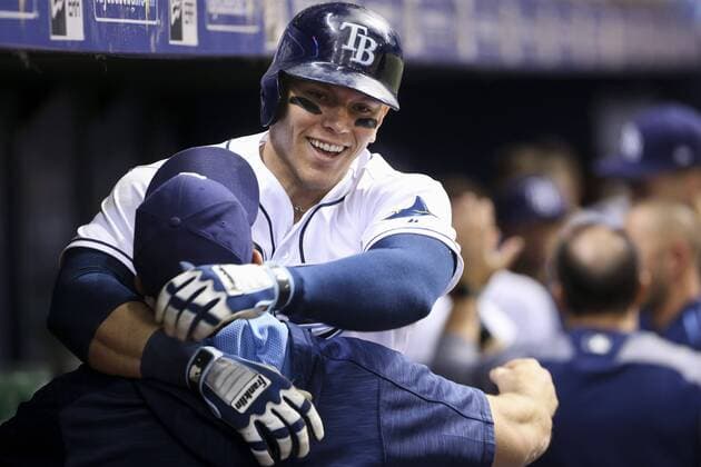 May 10, 2017 - St. Petersburg, Florida, U.S. - WILL VRAGOVIC Times.Tampa Bay Rays first baseman Logan Morrison (7) jumps into the arms of right fielder Steven Souza Jr. (20) after his two run home run in the third inning of the game between the Kansas City Royals and the Tampa Bay Rays at Tropicana Field in St. Petersburg, Fla. on Wednesday, May 10, 2017. Florida News - May 10, 2017 - ZUMAs70_ 20170510_zan_s70_091 Copyright: xWillxVragovicx