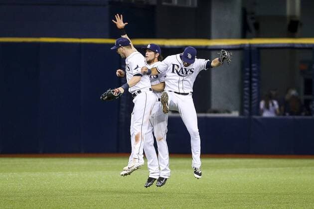 May 10, 2017 - St. Petersburg, Florida, U.S. - WILL VRAGOVIC Times.Tampa Bay Rays left fielder Corey Dickerson (10), right fielder Colby Rasmus (28), and center fielder Kevin Kiermaier (39) celebrate the win over the Kansas City Royals at Tropicana Field in St. Petersburg, Fla. on Wednesday, May 10, 2017. The Tampa Bay Rays beat the Kansas City Royals 12-1. Florida News - May 10, 2017 - ZUMAs70_ 20170510_zan_s70_109 Copyright: xWillxVragovicx
