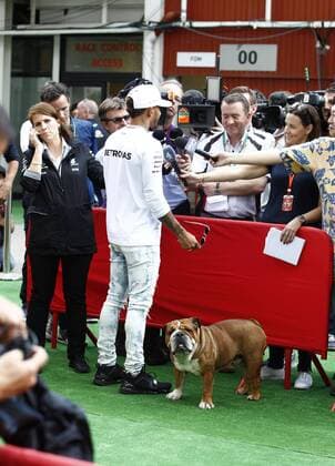 Motorsports: FIA Formula One World Championship WM Weltmeisterschaft 2017, Grand Prix of Spain, 44 Lewis Hamilton (GBR, Mercedes AMG Petronas F1 Team) with his dog Barcelona Spain xHOCHxZWEIx